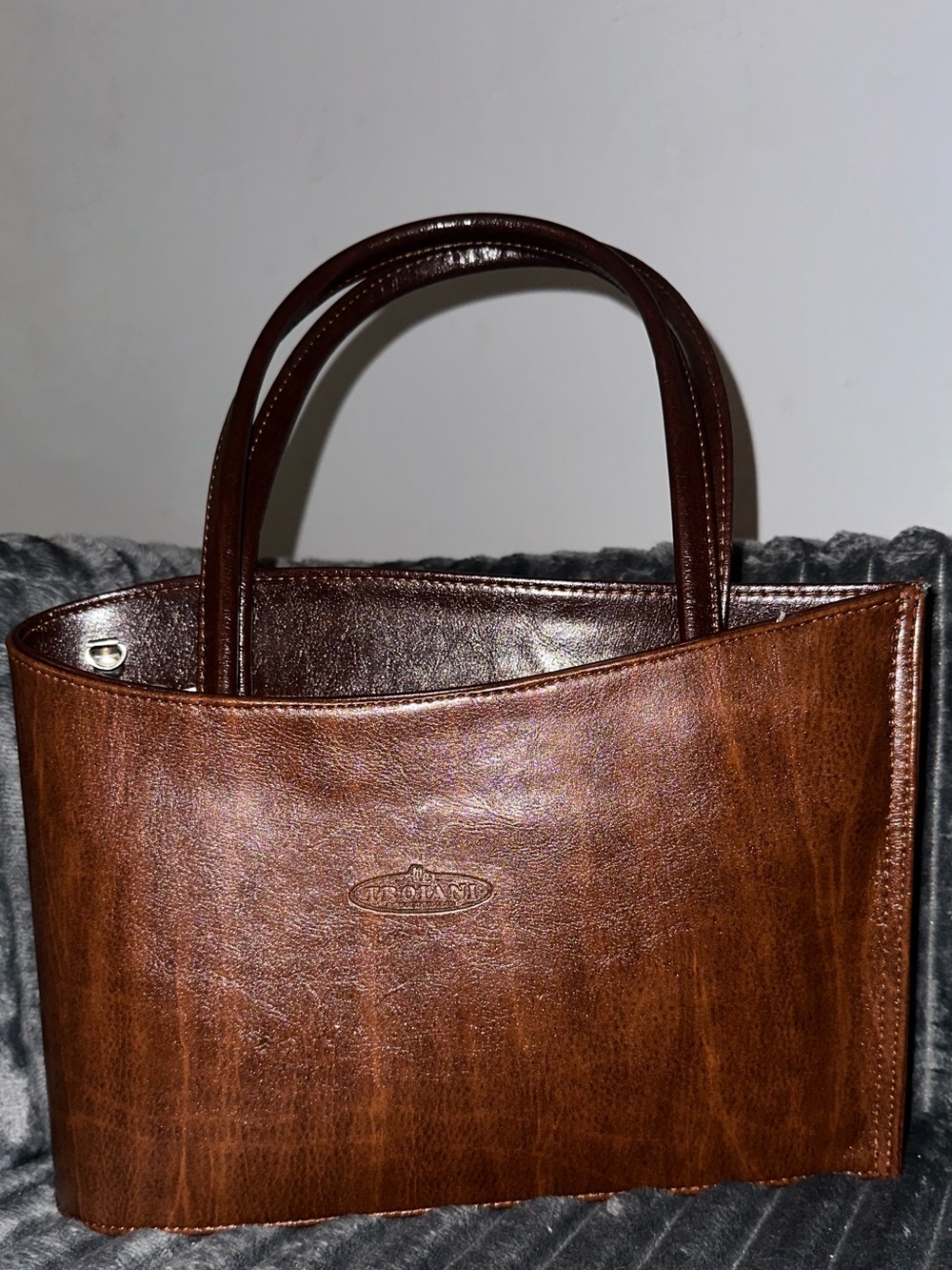 Troiani Brown Tote Bag Zip Top Detachable Strap Silver Hardware Made in Italy